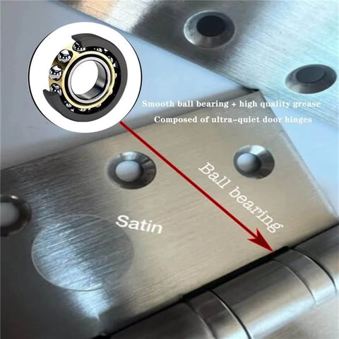 Stainless Steel 4 Inch Door Hinges Set, Heavy Duty Ball Bearing Exterior And Interior Hinges, close-up of brushed finish and ball bearing