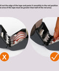 Dead Simple One Handed Automatic Tape Dispenser With Concealed Safety Cutter And Smooth Portable Grip For Quick Office Or Home Packing Tasks Includes Two Bonus Gray Rolls showing tape application instructions.