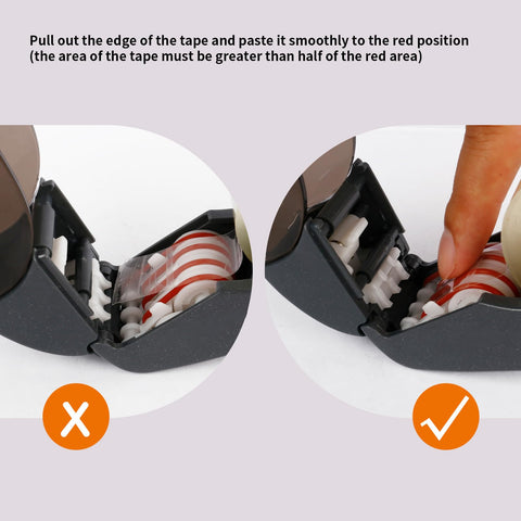 Dead Simple One Handed Automatic Tape Dispenser With Concealed Safety Cutter And Smooth Portable Grip For Quick Office Or Home Packing Tasks Includes Two Bonus Gray Rolls showing tape application instructions.