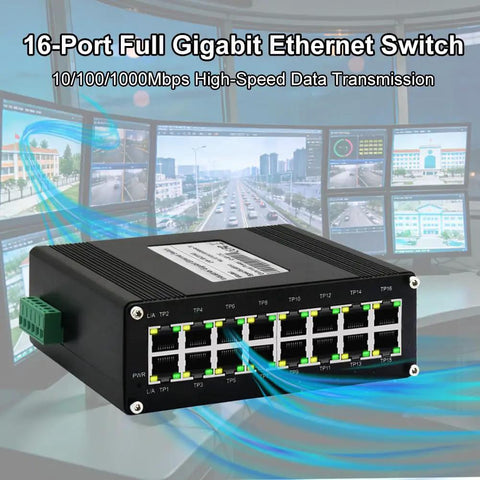 16 Port Gigabit Ethernet Switch For Industrial Use Unmanaged DIN Rail Mount Auto Negotiation And Auto MDI/MDIX front view