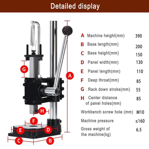 Detailed view of Leather Hole Puncher Kit Hand Punching Machine Manual Press For DIY Leather Craft Pro Grade Punch Tools Set measurements.