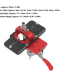 Precision 35mm Concealed Door Hinge Jig For Cabinets With Adjustable Depth Stops And Drill Bit Locator in red and black steel.