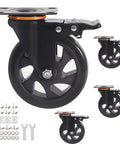 5-inch black polyurethane caster wheels with brakes; set of 4 with mounting hardware.