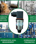 Front view of MBS-3000 stainless steel pressure transmitter with 4–20 mA output and 0–10 bar range.