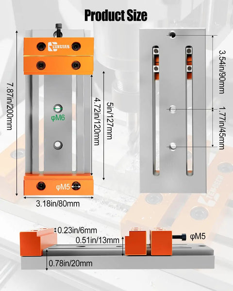 Low Profile Mini Vise Clamp For CNC Router Machines, Beefy Aluminum, size chart, orange and silver, flat-surface clamp