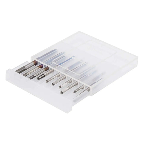 10Pc Tungsten Steel Screw Tap Set Straight Flute Machine Taps M1-M3.5 Thread Repair Kit in a transparent storage case.