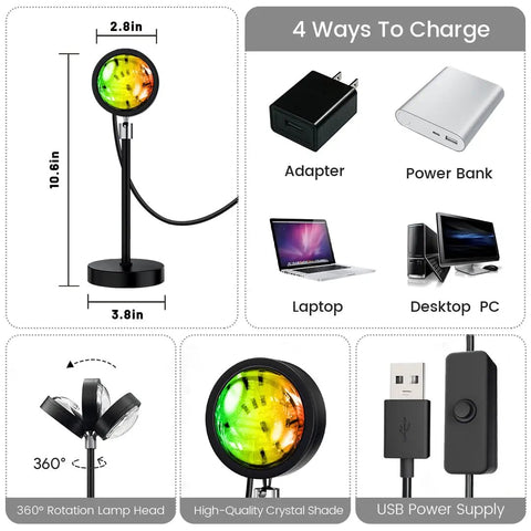 Sunrise Mood Lamp With Remote, 16 Color Changing Sunset Projector, USB powered, 360° rotation, four charging options shown
