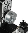 Close-up of Smooth Operator Mini Metal Lathe Boasting A Sixty Watt Motor Running Up To Twelve Thousand Rpm and Fifty Millimeter Center Height for detailed machining on metals and plastics.
