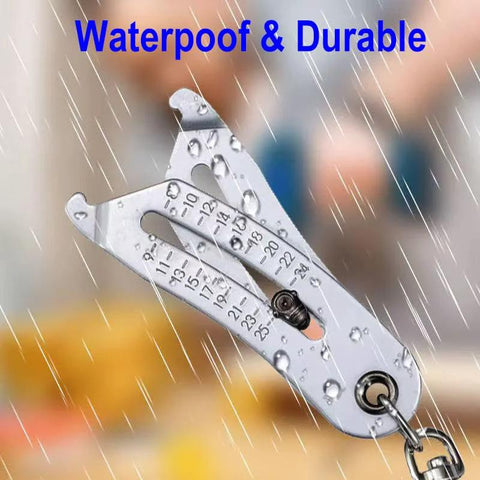 Close-up of metallic bolt size finder keychain gauge with dual metric and imperial scales