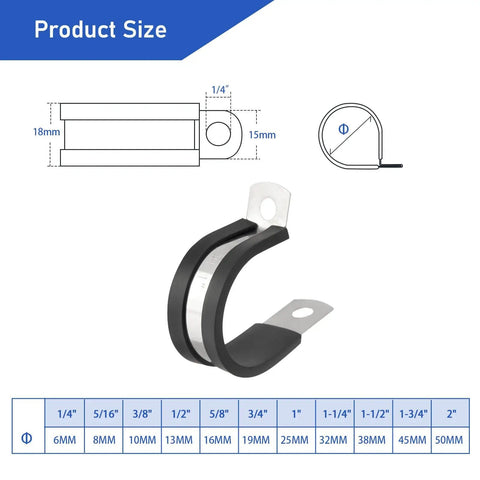 Diagram of Heavy Duty 232 Piece Cable Clamps Kit With 304 Stainless Steel Rubber Cushioned Insulated P Clamps in 10 sizes.