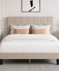 Cozy Queen Bed Frame With Upholstered Linen Headboard Heavy Duty Wood Slats Fast Ship To Your Doorstep Quick Unbox Chill Setup Truly Zero Box Spring Nonsense Premium Steel Rails Beige Vibes in stylish bedroom setting.