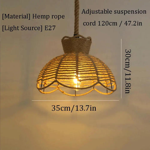 YNAHZAOK Hand-Woven Jute Rope Pendant Light Wrapped Iron Frame Hanging Lamp with Natural Hemp Rope Cord Rustic Farmhouse Ceiling Lighting, 30cm height and 35cm width.