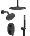 GRANDJOY 10" Ceiling Shower System with Handheld Spray, Matte Black, featuring overhead and handheld spray heads.