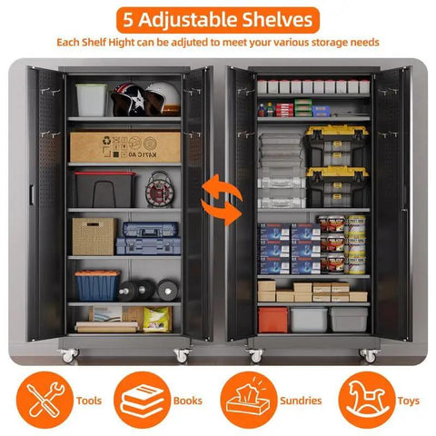 Heavy Gauge Steel Rolling Garage Storage Cabinet With Full Pegboard Door Cruises Easy While Securing All Your Grease Monkey Power Drill Paint Can Gear Securely
