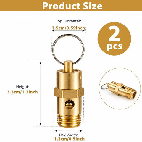 Quarter Inch NPT 200 PSI Brass Air Compressor Pressure Relief Valve dimensions with top diameter, height, and hex width