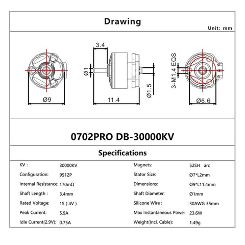 Technical drawing of the VCI 0702 30000KV Brushless Motors Pack For 65Mm FPV Whoop Drones, with dimensions and specifications.
