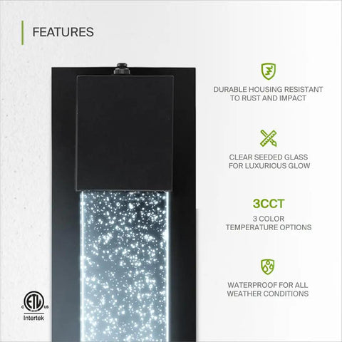 Features of Bubble Glass Outdoor LED Wall Light 13 Inch Dusk to Dawn Sconce Dope Look, including 3CCT and waterproof design.