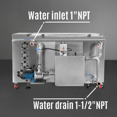 Heavy Duty Industrial Ultrasonic Parts Washer 81 Gallon Tank Uses Three Phase Power To Crush Stubborn Oil Grease And Coolant With Sick Deep Cleaning Performance Today showing water inlet and drain connections.