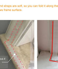 Ditch The Winter Chill With Adjustable Clear Window Insulation Kit Featuring Tough Adhesive Strips Reusable Plastic Film Wrap Keeps House Cozy Quick Peel And Stick Any Window Size Upgrade, showing soft film folded at uneven window frame.