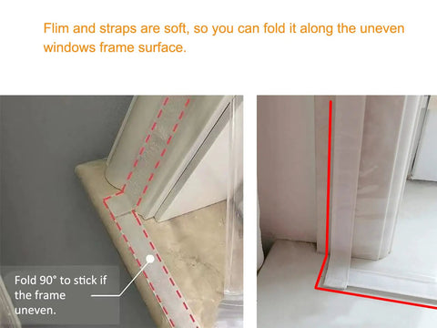 Ditch The Winter Chill With Adjustable Clear Window Insulation Kit Featuring Tough Adhesive Strips Reusable Plastic Film Wrap Keeps House Cozy Quick Peel And Stick Any Window Size Upgrade, showing soft film folded at uneven window frame.