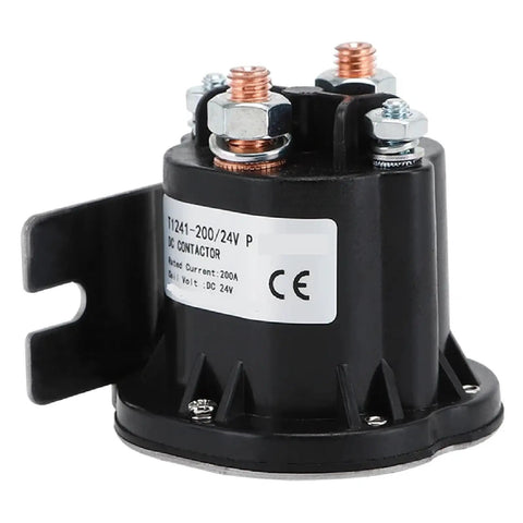 Built Tough Heavy Duty DC Contactor 200 Amp Relay With Quick 12V 24V 48V Coil Hookup, black casing and terminals for electric forklifts.