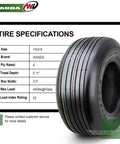 Set Of 2 13x5.00-6 Rib Turf Tires For Lawn Mowers And Utility Carts, 4 Ply Tubeless, 440 Lb Load, 3 mm Tread Depth, Smooth Rib Design