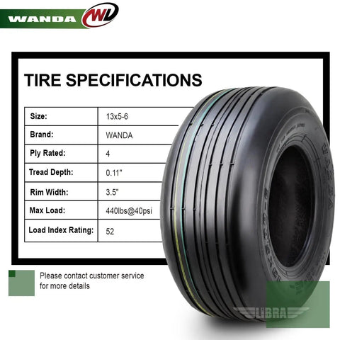 Set Of 2 13x5.00-6 Rib Turf Tires For Lawn Mowers And Utility Carts, 4 Ply Tubeless, 440 Lb Load, 3 mm Tread Depth, Smooth Rib Design
