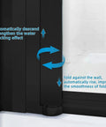 Detail of the Slick Matte Black Frameless Pivot Shower Door Featuring Thick Clear Tempered Glass showing folding mechanism and seals.
