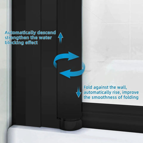 Detail of the Slick Matte Black Frameless Pivot Shower Door Featuring Thick Clear Tempered Glass showing folding mechanism and seals.