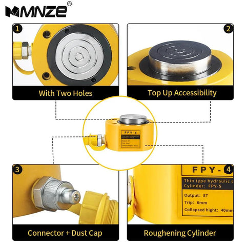 MMNZE 5T yellow hydraulic jack, 6mm stroke; FPY-5 compact single-acting cylinder with two mounting holes