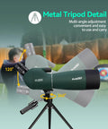 Angled Spotting Scope With 25-75x70 Zoom And Tripod For Target Shooting, Easy To Focus, Dope For Bird Watching And Scenic Views, 70mm Objective Lens Delivers Bright, Crisp Images For Beginners To Enthusiasts. Metal tripod detail, 120° tilt, 360° base