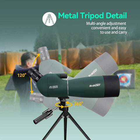 Angled Spotting Scope With 25-75x70 Zoom And Tripod For Target Shooting, Easy To Focus, Dope For Bird Watching And Scenic Views, 70mm Objective Lens Delivers Bright, Crisp Images For Beginners To Enthusiasts. Metal tripod detail, 120° tilt, 360° base