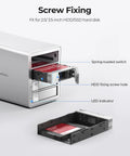 Four Bay Raid External Hard Drive Enclosure With Usb 3.0 showing screw fixing details for 2.5 and 3.5 inch HDD/SSD.