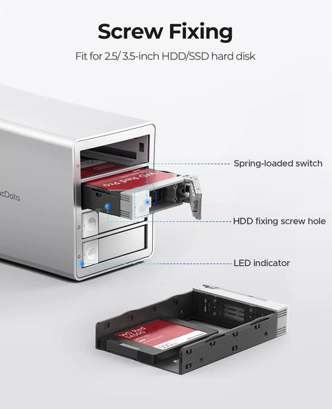 Four Bay Raid External Hard Drive Enclosure With Usb 3.0 showing screw fixing details for 2.5 and 3.5 inch HDD/SSD.