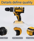 Rock Solid Brushless Cordless Drill Driver With Beast Mode Torque Controls And Smooth Variable Speed Dial, showcasing adjustable torque and smart switch.