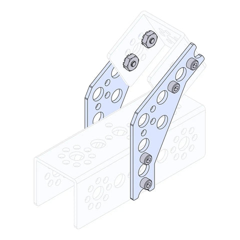 Heavy Duty Kickass Aluminum 120 Degree Robot Gusset attached to a beam, showing bracket holes and mounting points, ideal for STEM projects.