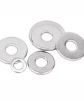 Flat Washer Kit For M10 And M12 Bolts With Precision Spacers And Shims In Stainless Steel Ultra Thin To Thick Washers For Fine Adjustments And Solid Load Distribution Great For Custom Fit And Quick Mechanical Tweaks. stainless steel washers in assorted sizes on white