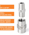 304 Stainless Steel Pipe Fitting Set Hex Nipple And Hex Coupling 3/8 In NPT Male To 3/8 In NPT Female Heavy Duty 2800 PSI