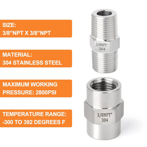 304 Stainless Steel Pipe Fitting Set Hex Nipple And Hex Coupling 3/8 In NPT Male To 3/8 In NPT Female Heavy Duty 2800 PSI