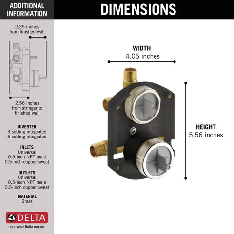 Universal Shower Diverter Rough-In Valve With MultiChoice Inlets And Outlets, Champagne Bronze, dimensions shown and brass material.