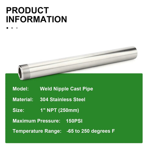 304 Stainless Steel Weld Nipple Pipe Fittings One Inch NPT Male Threaded 16 Inch Length Cast Pipe product info display