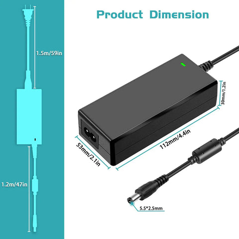 12V 5A Security Camera Power Supply With 8 Way Splitter Cable dimensions showing length and connector size