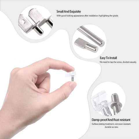 Close-up of hand holding a nickel plated pin from the Six Styles Shelf Pins Set With 160 Pieces Nickel Plated Cabinet Pins For 5mm And 6mm Shelf Holes.