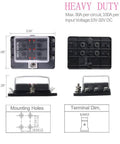 No Sweat Six Way RV Fuse Block And Blade Box With Bright LED Indicators, dimensions 3.34 x 2.48 inches, heavy duty for 12 Volt DC circuits.