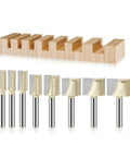 Top Tier 1/4 And 1/2 Inch Shank Slotting Cleaning Bottom Router Bit Set For Precision Woodworking Grooving And Surface Planing Projects, 8 router bits displayed.