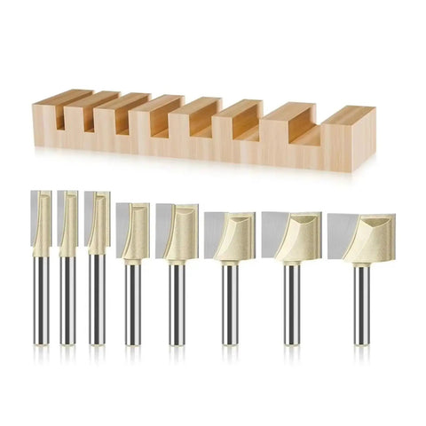 Top Tier 1/4 And 1/2 Inch Shank Slotting Cleaning Bottom Router Bit Set For Precision Woodworking Grooving And Surface Planing Projects, 8 router bits displayed.