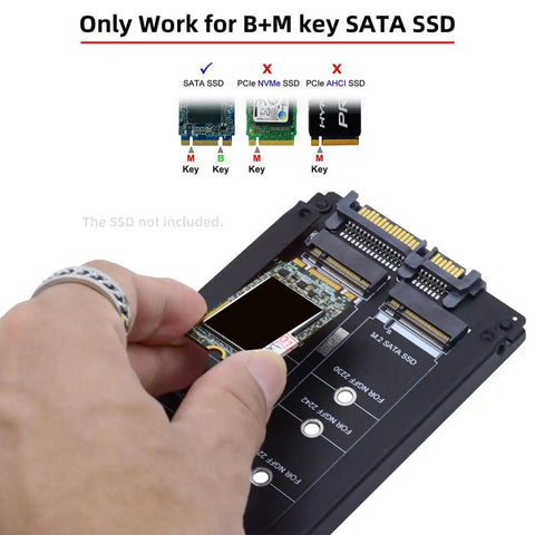 Super Slick Dual M.2 Msata Mini Sata Ssd To 2.5 Inch Sata Hdd Hybrid Enclosure Housing showing B+M key SATA SSD compatibility.