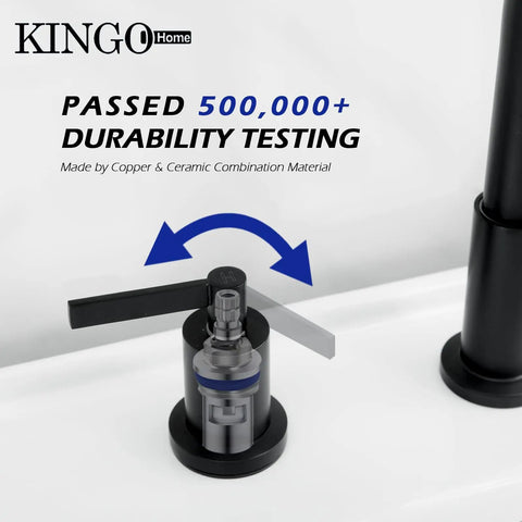 Matte Black Widespread 3-Hole Bathroom Faucet With Dual Handles detail of durability test showing handle assembly