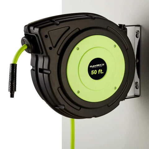 Retractable Enclosed Plastic Air Hose Reel Three Eighths Inch By Fifty Foot Heavy Duty Lightweight Hybrid ZillaGreen mounted on wall