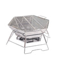 Hexagonal 430 Stainless Steel Folding Fire Pit Burn Barrel For Wood Fires displayed with collapsible grill and sturdy legs.